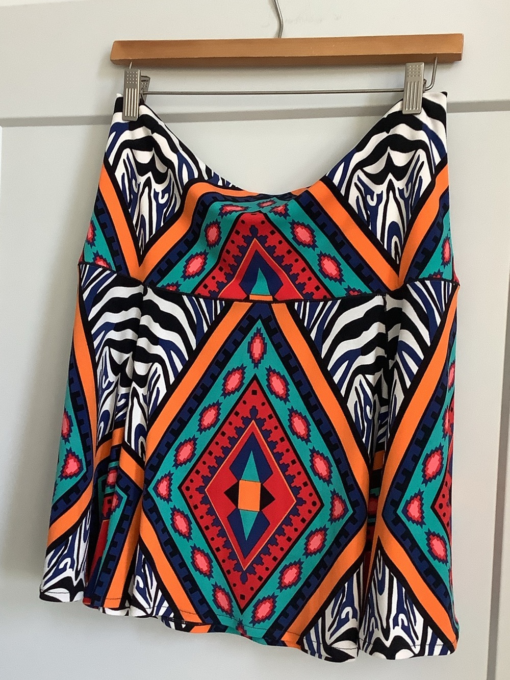 Vibrant Geometric A-Line Skirt in Teal, Orange & Black